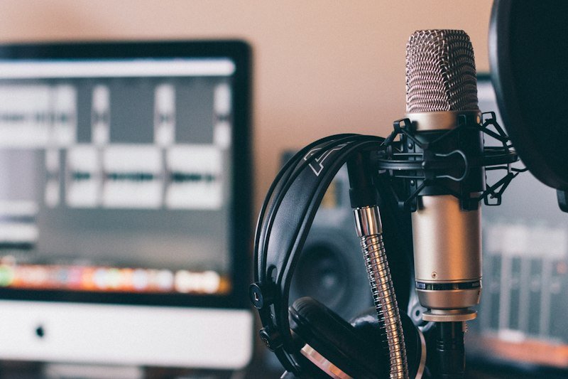 Podcast recording setup with microphone and audio equipment